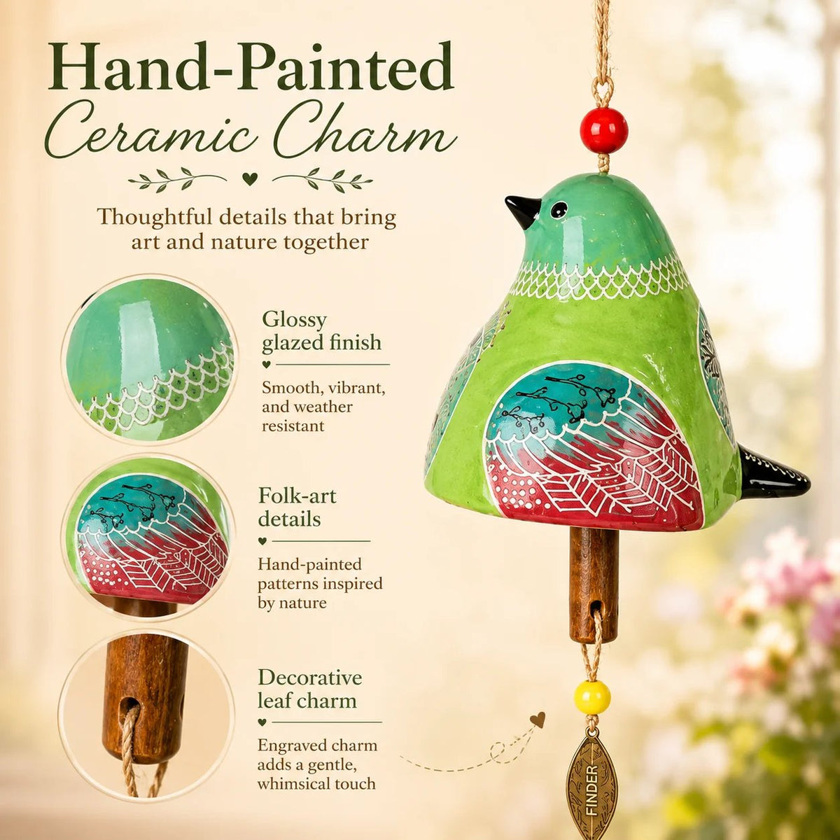🔥Hot Sale🐦Hand-Painted Resin Bird Wind Chime, Colorful Folk Art Garden Hanging Decor