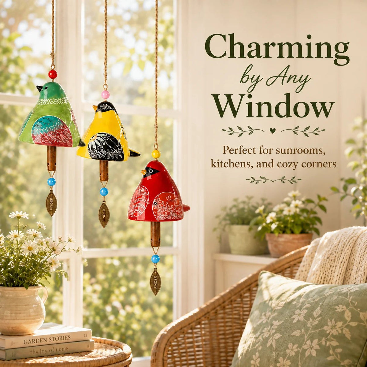 🔥Hot Sale🐦Hand-Painted Resin Bird Wind Chime, Colorful Folk Art Garden Hanging Decor