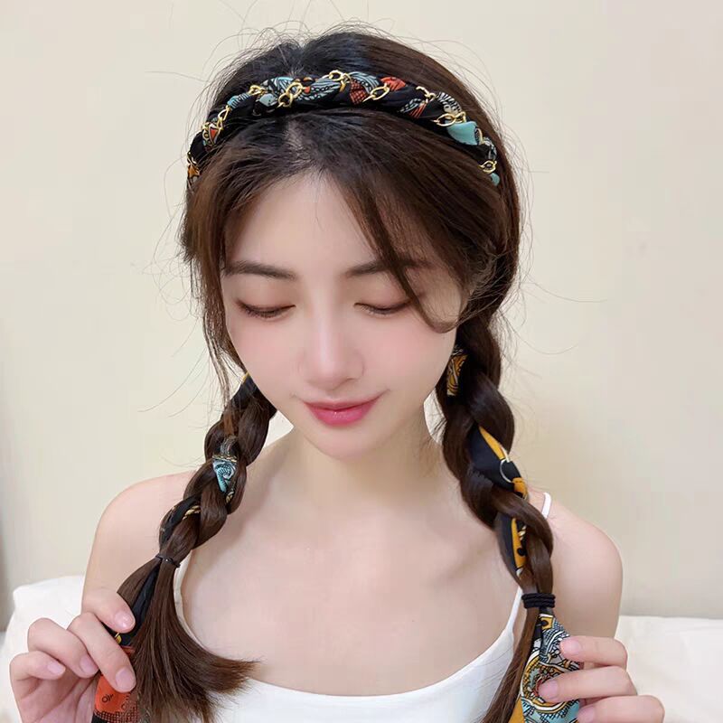 New Fabric Headband – Ethnic Style Braided Chain Hair Accessory with Flowing Ribbon