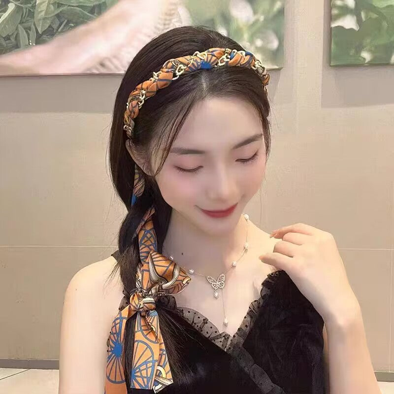 New Fabric Headband – Ethnic Style Braided Chain Hair Accessory with Flowing Ribbon