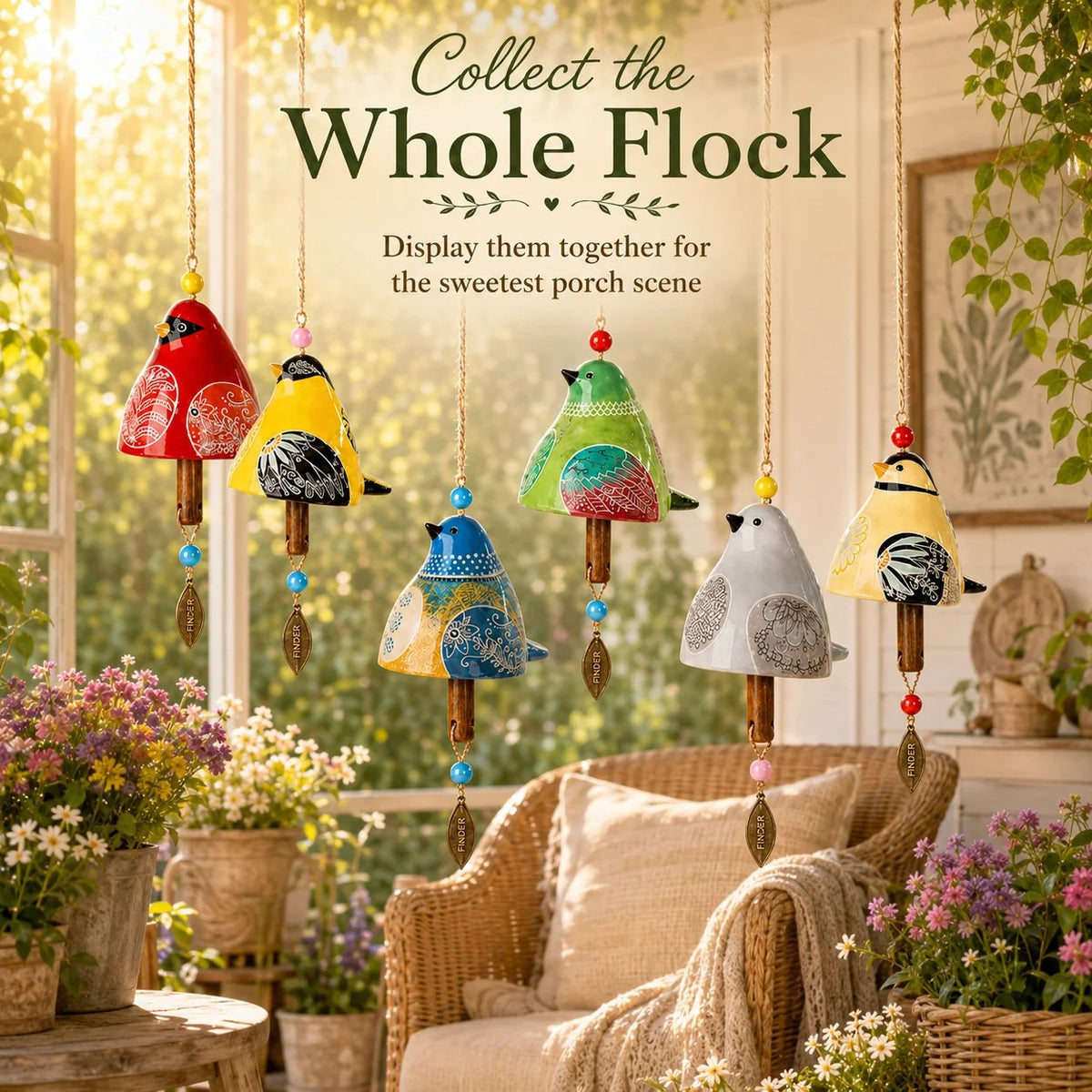 🔥Hot Sale🐦Hand-Painted Resin Bird Wind Chime, Colorful Folk Art Garden Hanging Decor