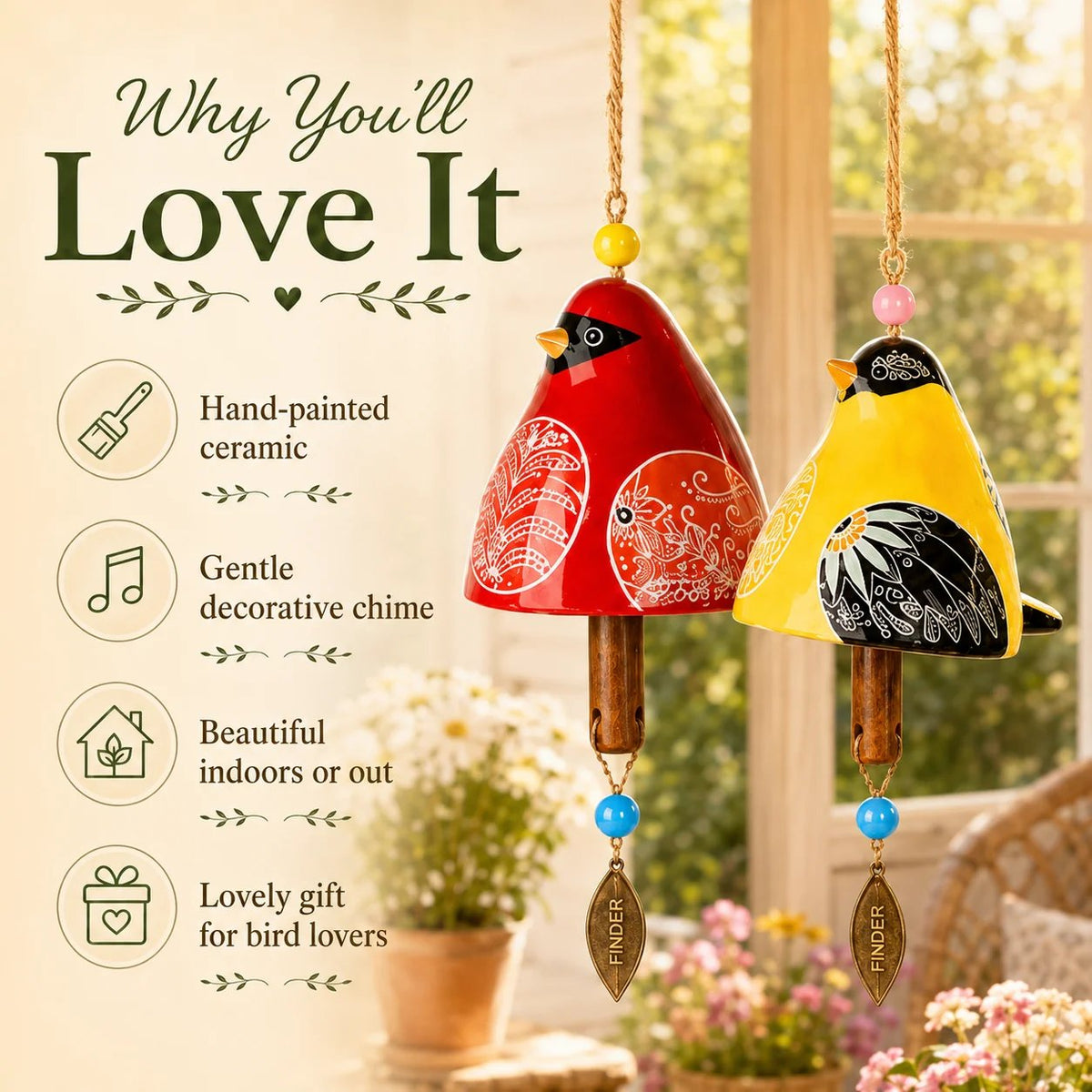 🔥Hot Sale🐦Hand-Painted Resin Bird Wind Chime, Colorful Folk Art Garden Hanging Decor