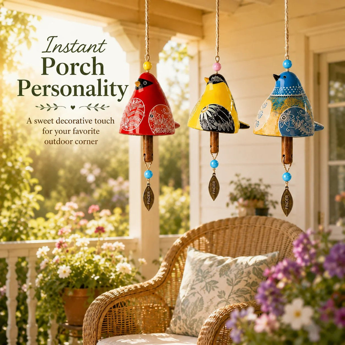🔥Hot Sale🐦Hand-Painted Resin Bird Wind Chime, Colorful Folk Art Garden Hanging Decor